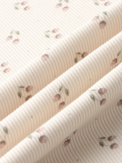 Tiny Tulip Bonnet fabric swatch for girls, cream ribbed cotton with tiny pink tulip prints
