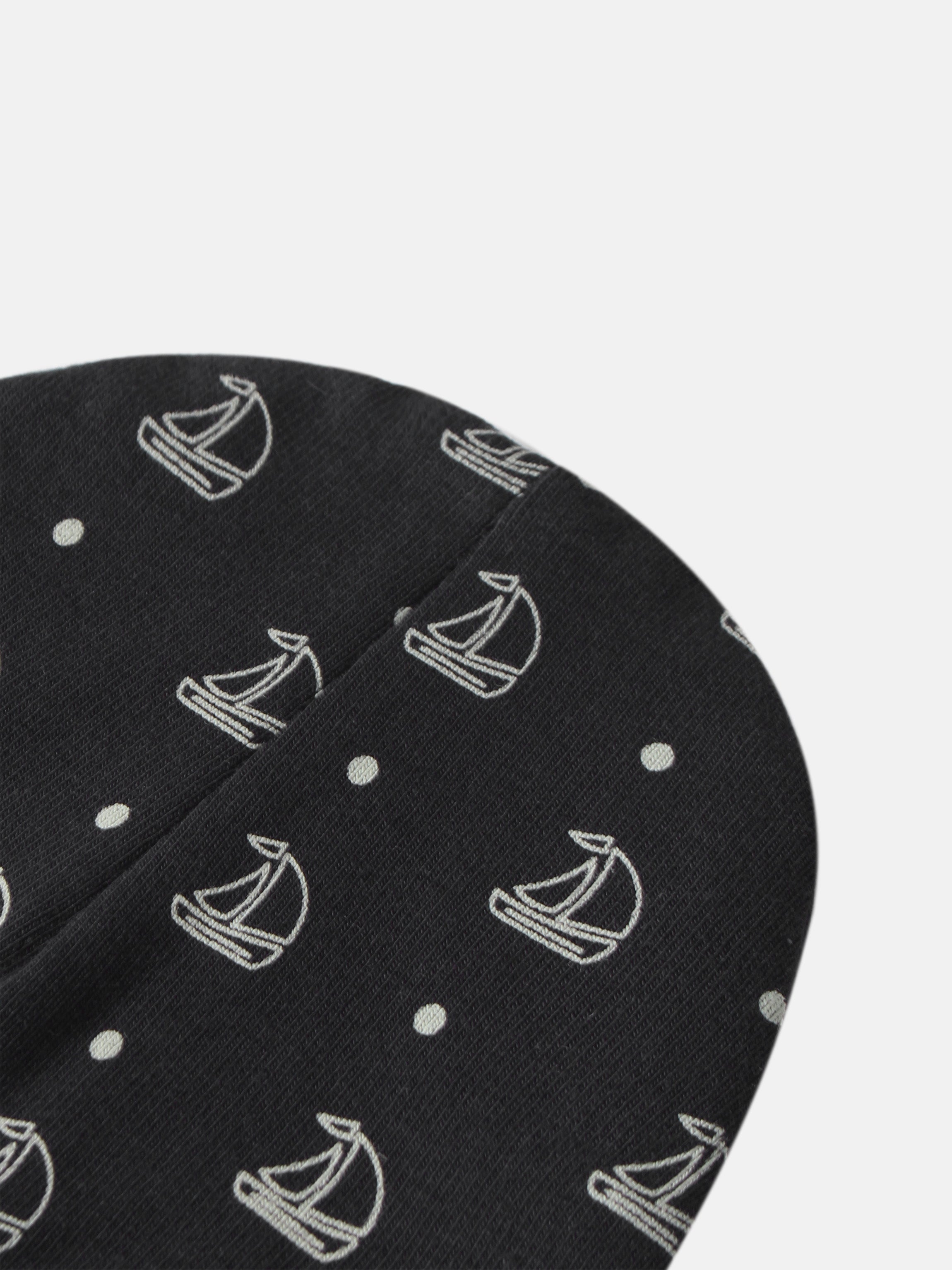 Harbor Dot Hat for boys, navy fabric with white anchor print and polka dots