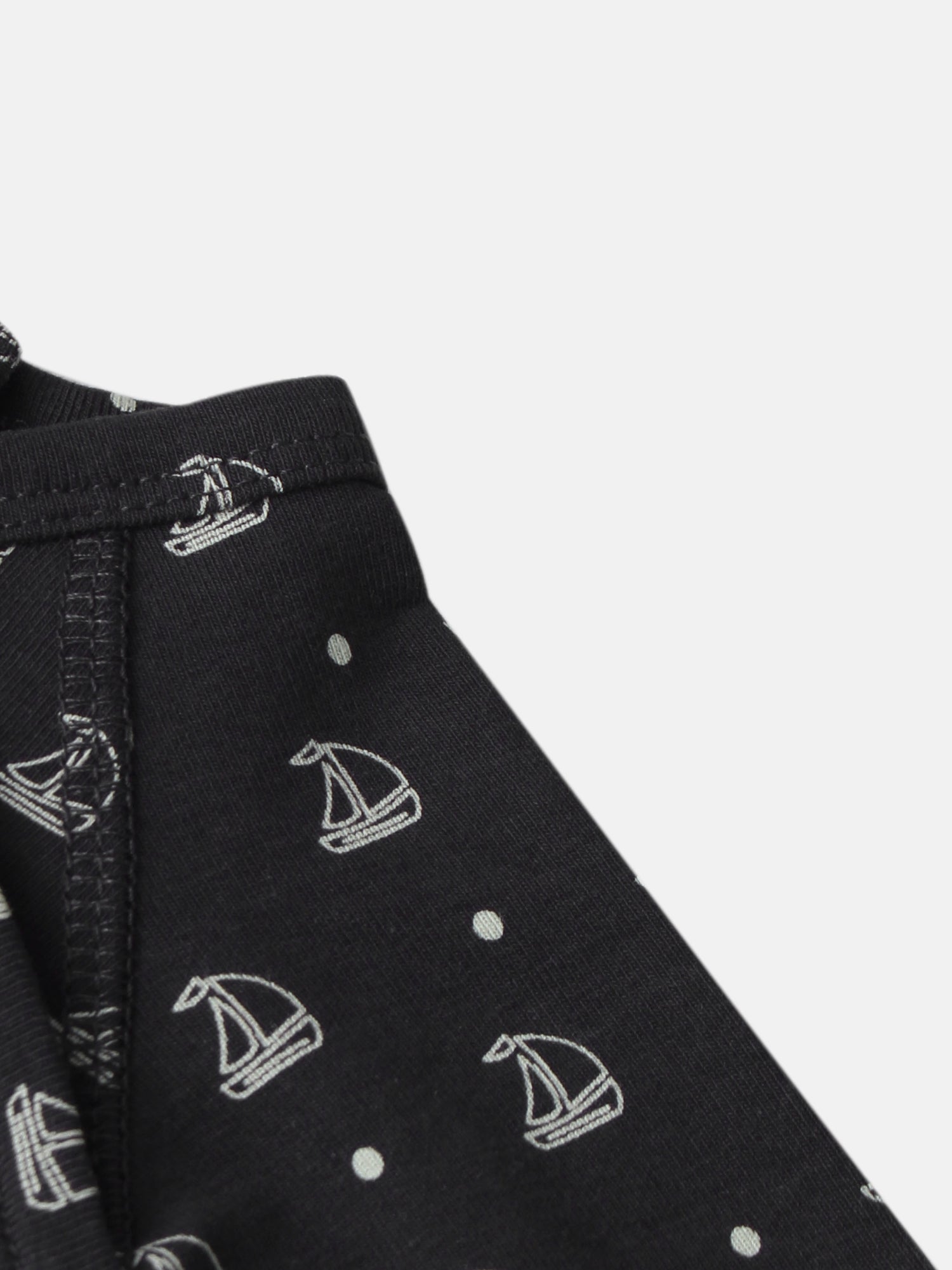 Harbor Dot Stretchy Boys Stretchies by Adee; navy fabric with white sailboat prints and polka dots