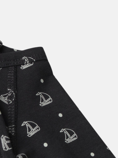Harbor Dot Stretchy Boys Stretchies by Adee; navy fabric with white sailboat prints and polka dots