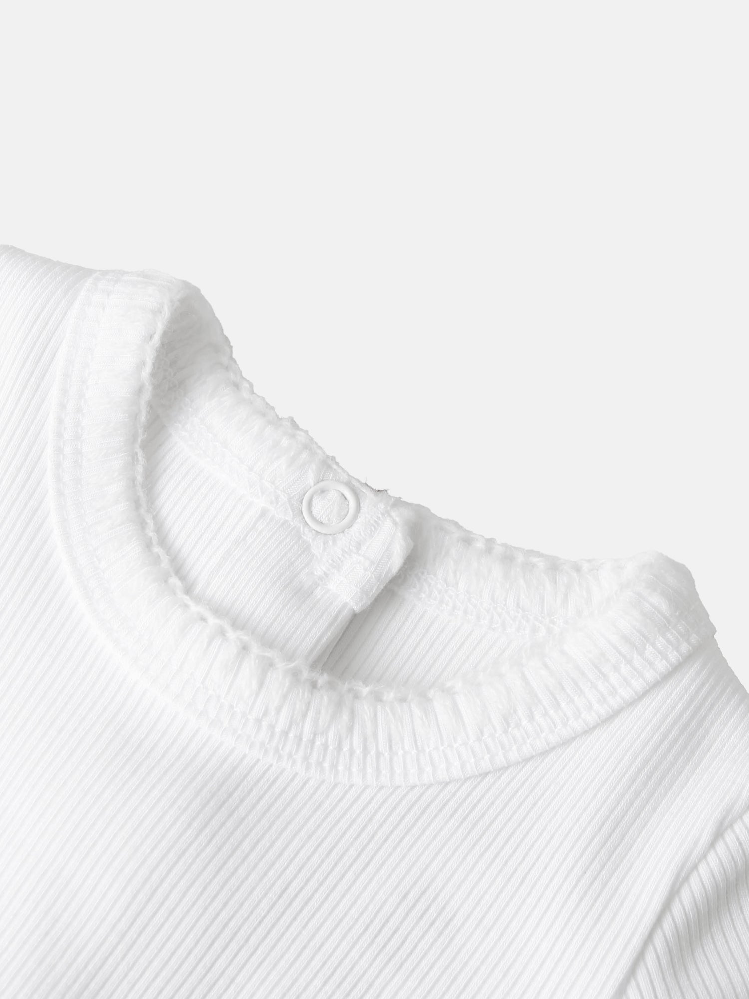 Legacy Stitch White unisex layette set; close-up of white textured fabric with round button.