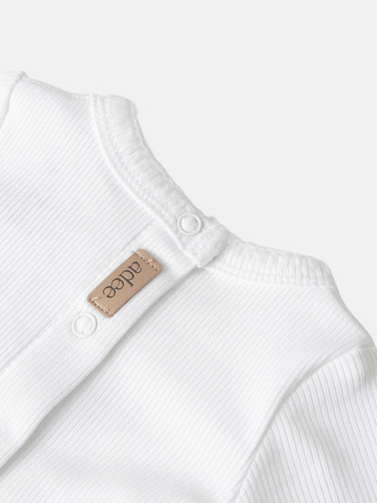 Legacy Stitch White layette set by Adee, white ribbed cotton with snap closures and beige label