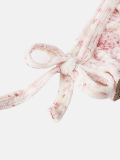 Two Tone Floral Bonnet for girls, pink and white plush fabric with tie strings, Adee