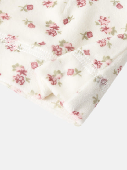 Adee Tiny Blossom layette set, white fleece with pink floral pattern.