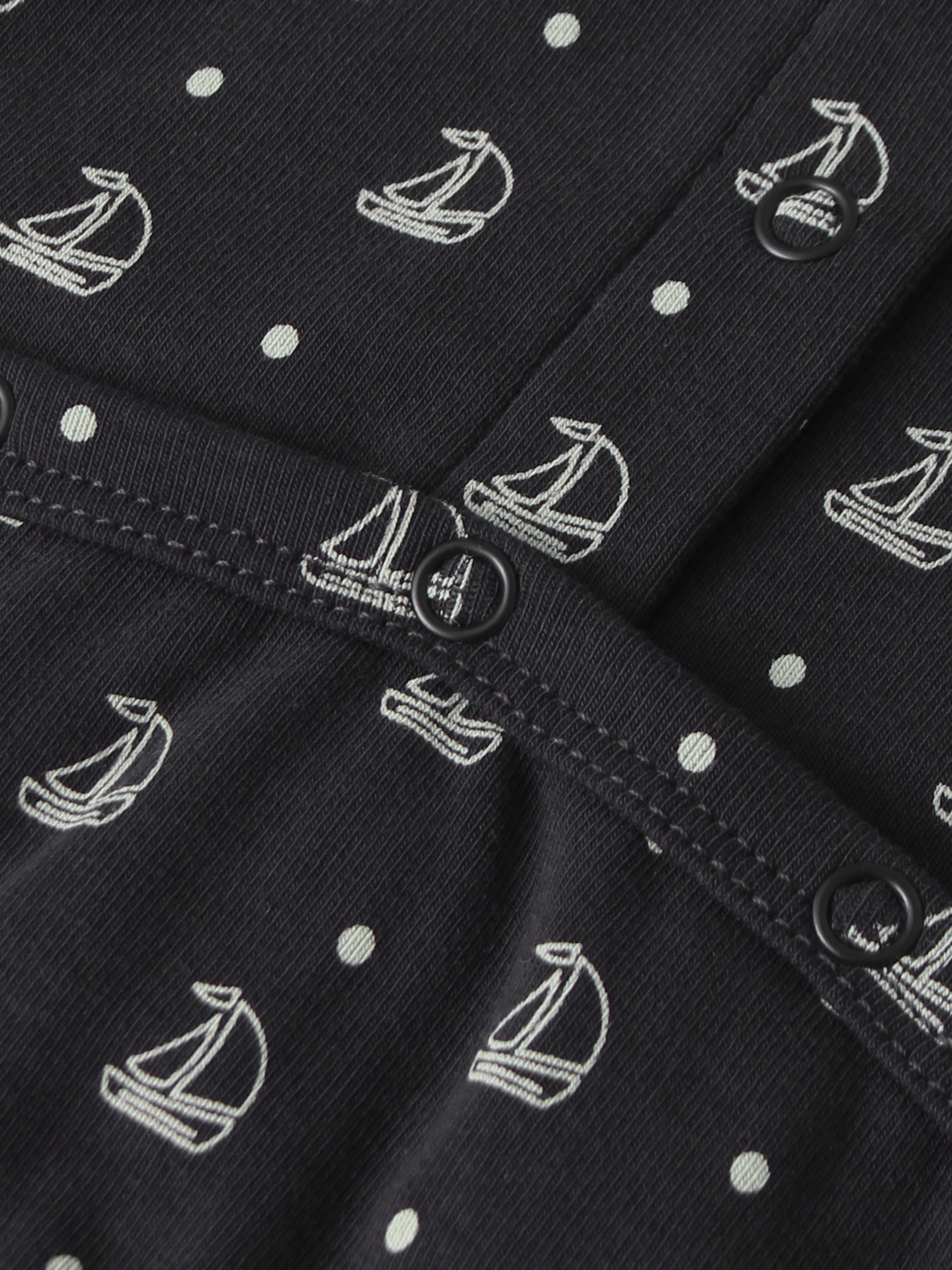 Harbor Dot Stretchy for boys by Adee, navy fabric with white sailboat and dot print