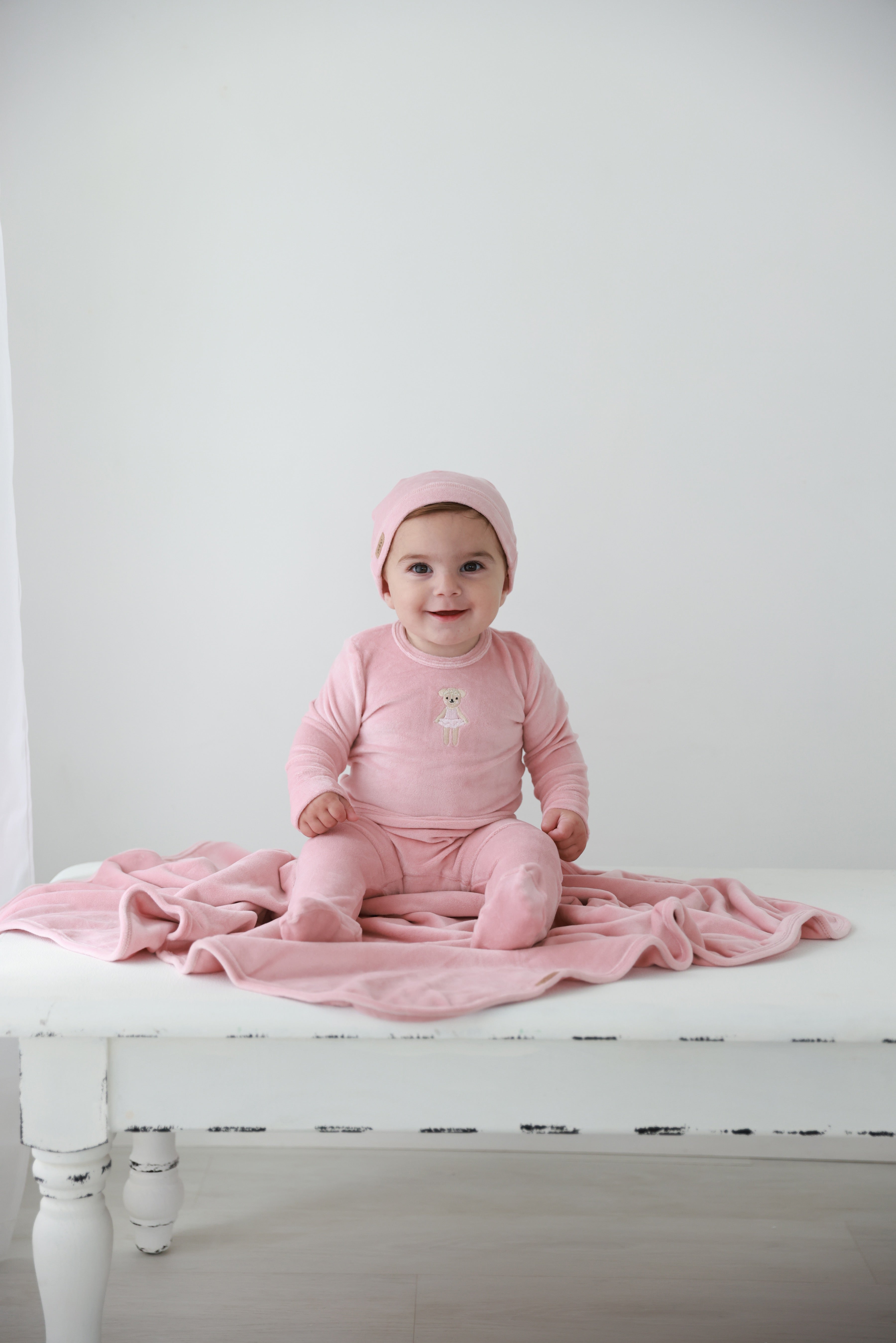 Ballerina Bear Stretchy girls set by Adee, pink apparel with bear applique on chest.
