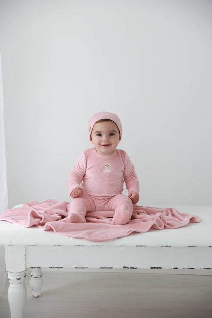 Ballerina Bear Stretchy girls set by Adee, pink apparel with bear applique on chest.