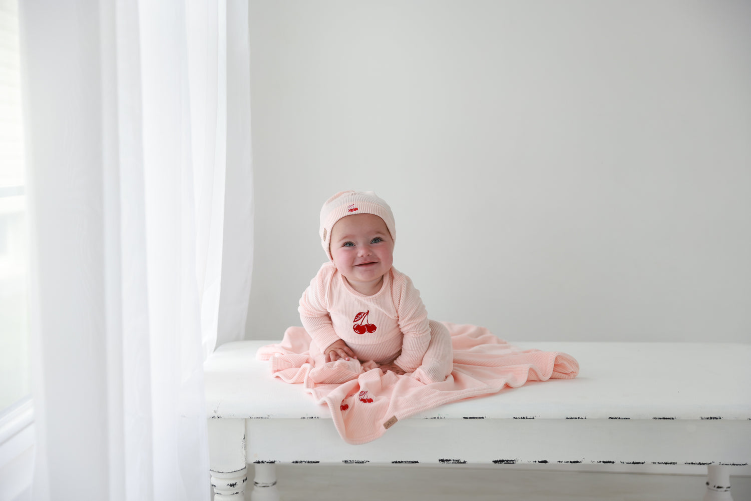 Embroidered Cherry Stretchy by Adee; pink girls stretchies with cherry embroidery