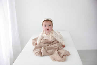 Tiny Tulip Stretchy girls stretchies by Adee, beige floral knit baby outfit
