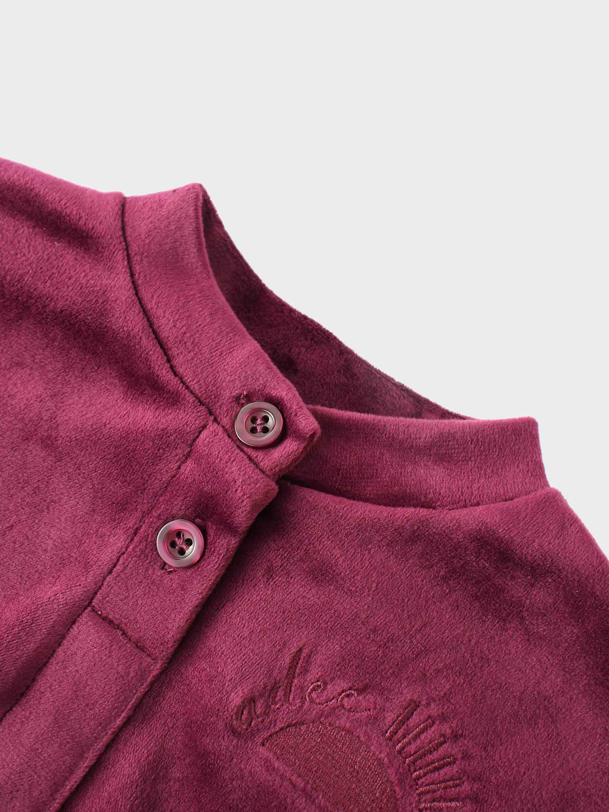Velour Bomber Set Burgundy for girls by Adee; burgundy velour fabric with embroidered logo and buttoned collar.