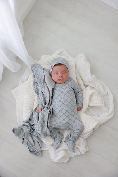 Blue Leaf Stretchy by Adee; boys baby outfit with light-blue geometric leaf pattern.