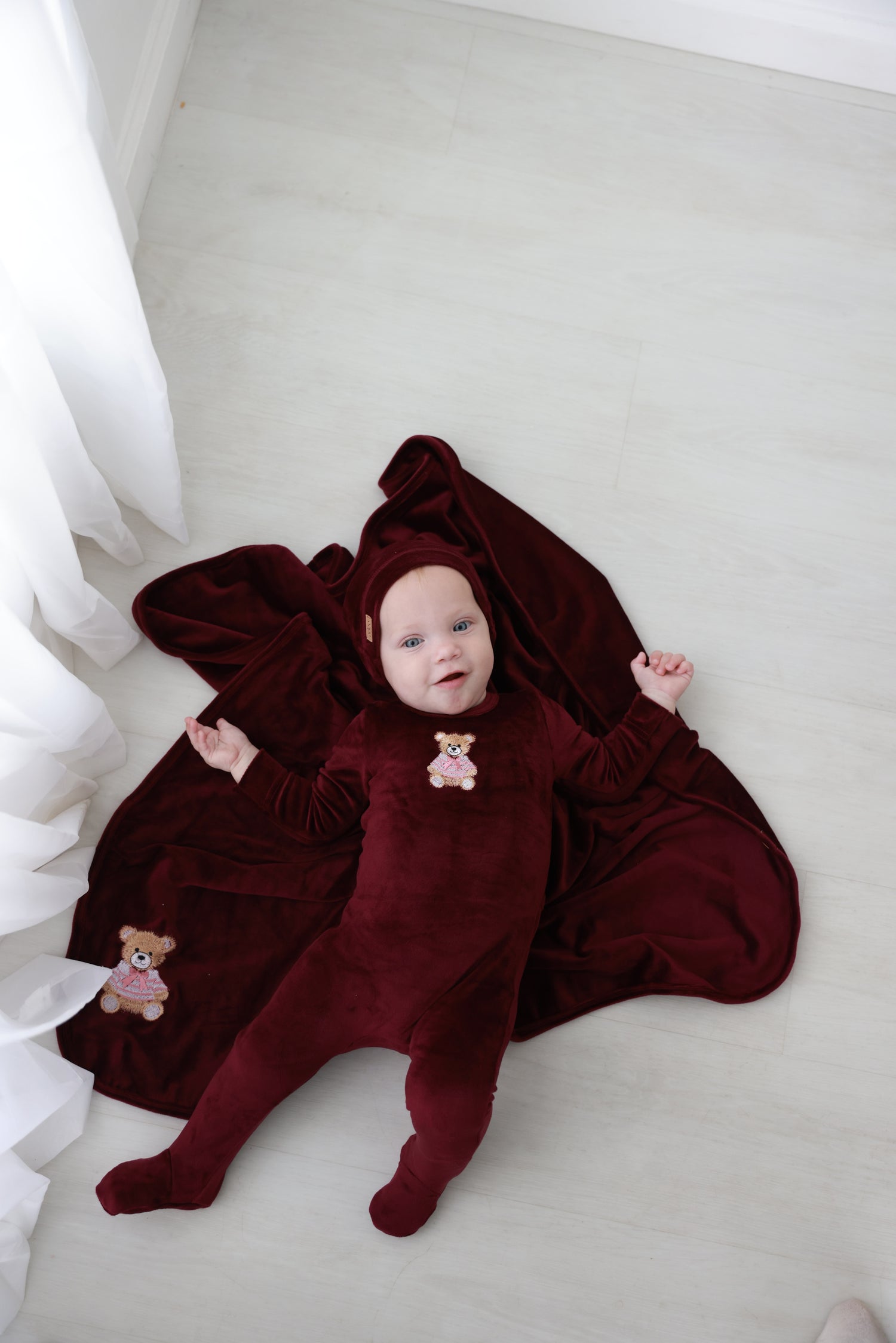 Embroidered Bear Burgundy layette set by Adee for baby girl in burgundy velvet with bear embroidery