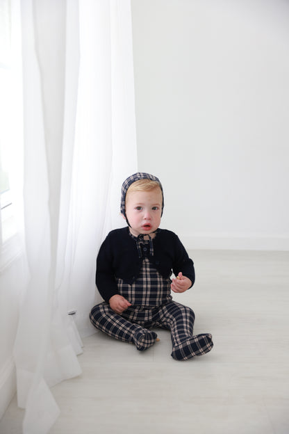 Boys Stretchies navy plaid outfit by Adee; toddler wearing a matching hat.