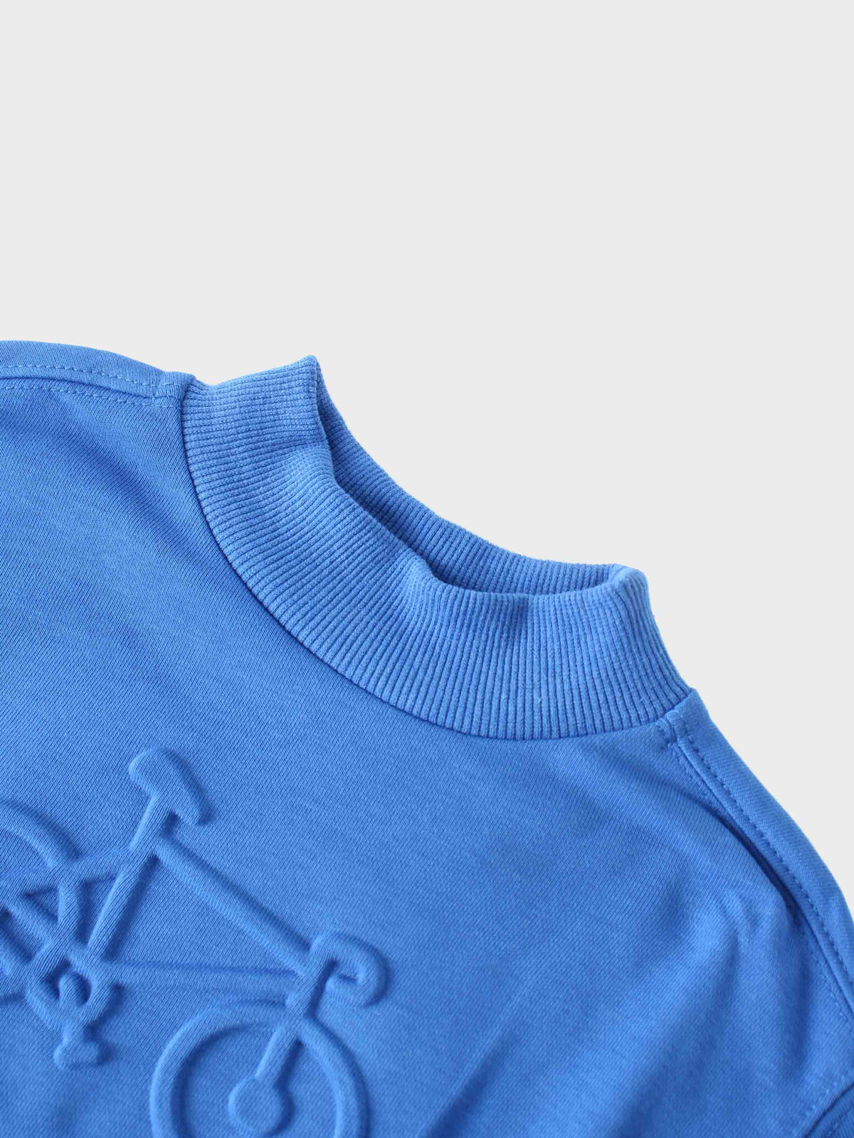 Royal blue bike sweatshirt with embossed bicycle graphic and ribbed mock neck.