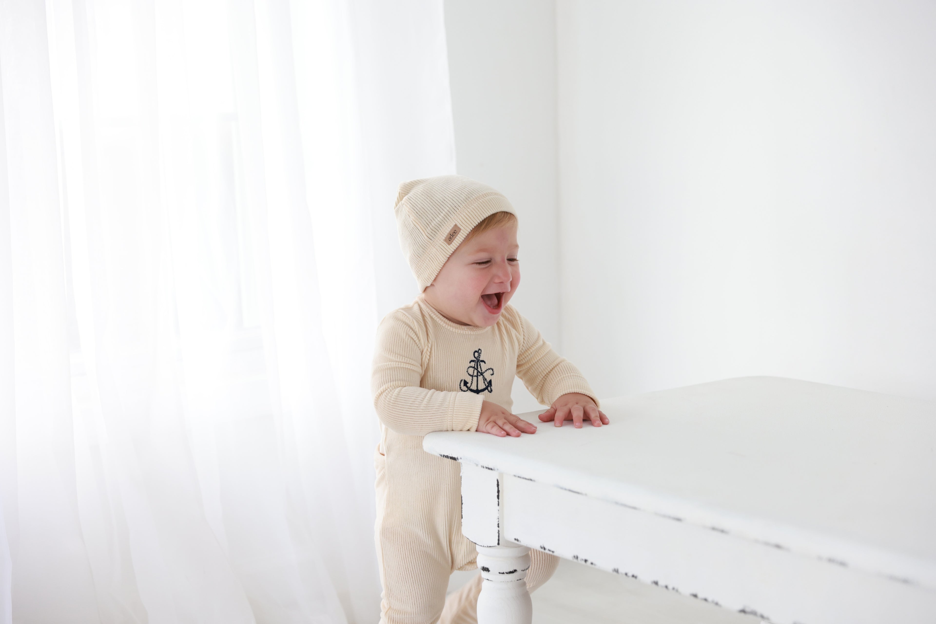Boys Stretchies 2-piece Embroidered Anchor outfit, beige knit with anchor embroidery, includes Adee beanie