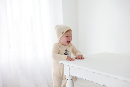 Boys Stretchies 2-piece Embroidered Anchor outfit, beige knit with anchor embroidery, includes Adee beanie