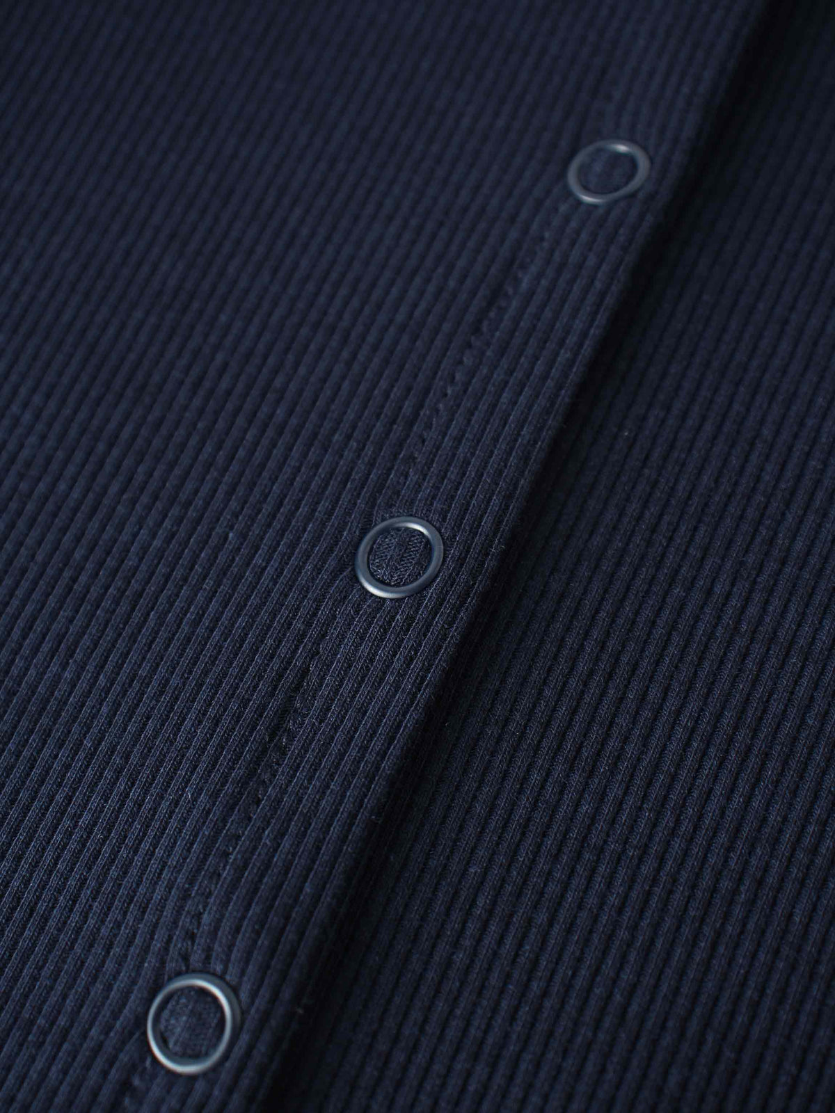 Thin Ribbed Cardigan by Adee in navy; unisex dressy top with metal snap buttons.