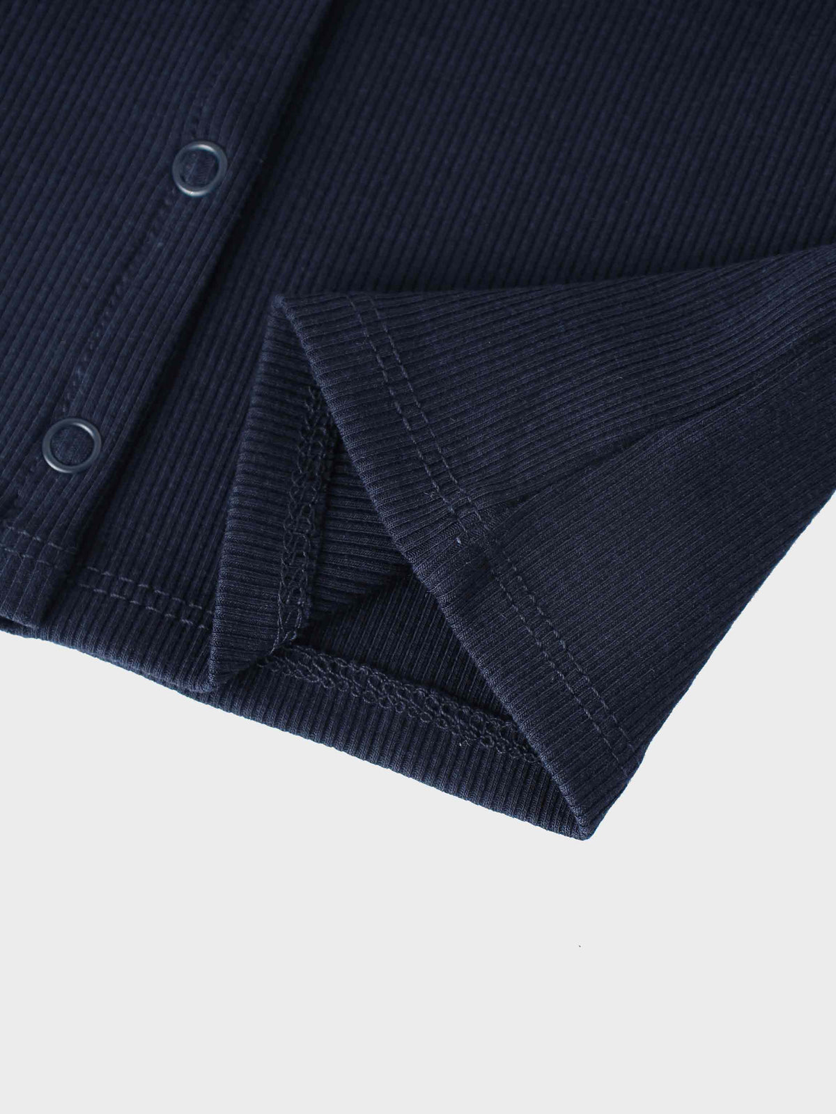 Thin ribbed cardigan in navy, Adee brand, unisex dressy top with button placket.