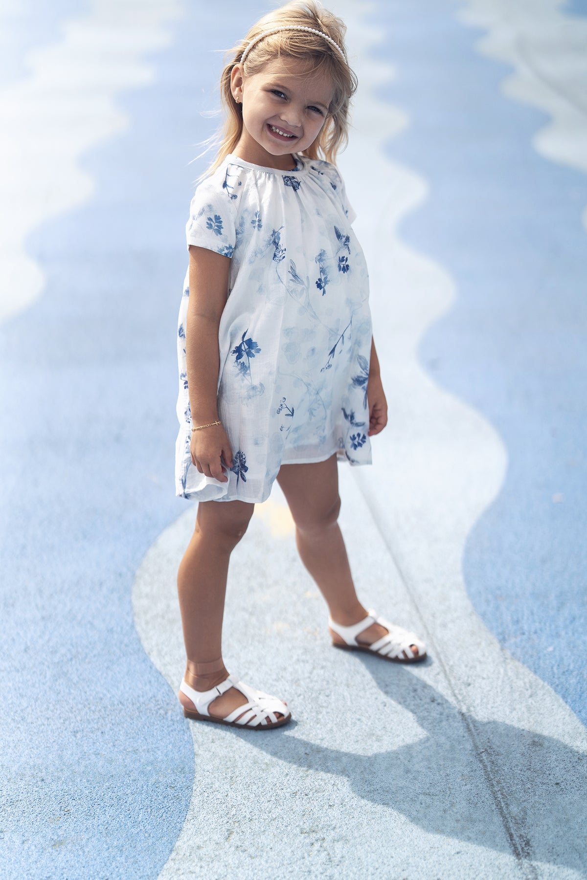 Blue Flower Jumper by Adee, girls dressy dress with blue floral print.