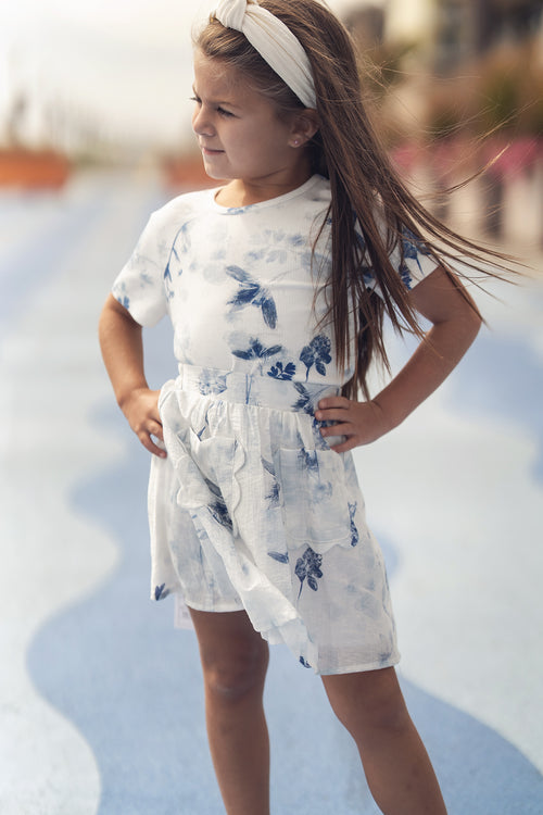 Blue Flower T-Shirt - 3/4 Sleeve from Adee; girls dressy top in white/blue floral print