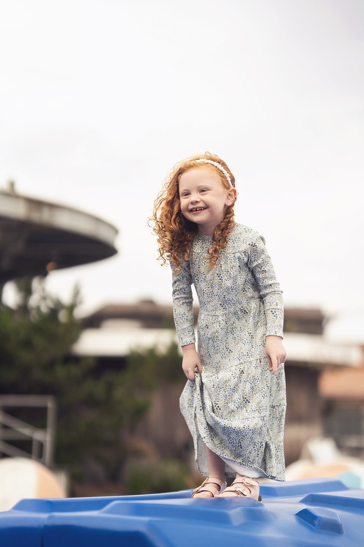 Blue floral girls dress with long sleeves, ankle-length, dressy.