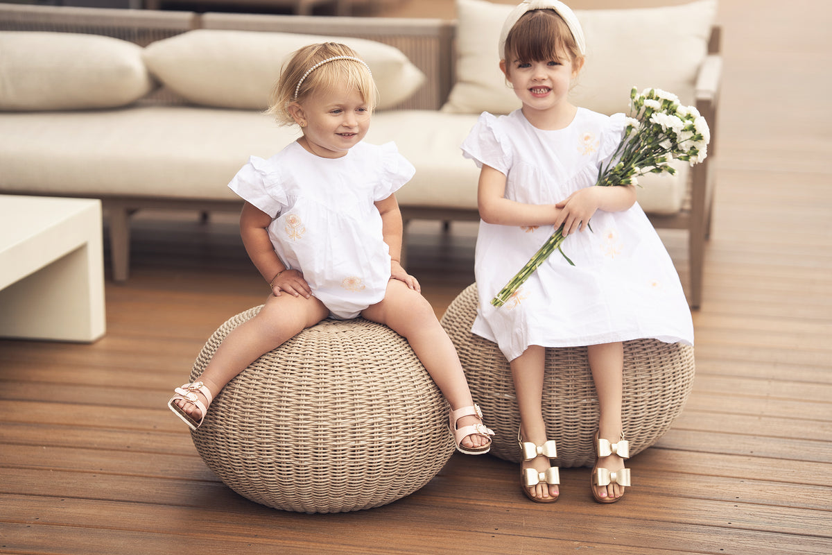 Adee Embroidered Flower Dress Short Sleeve, white with peach embroidery worn by two young girls