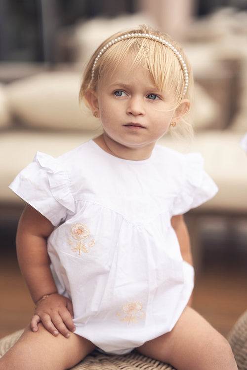 Embroidered Flower Romper by Adee; white dressy girls romper with floral embroidery