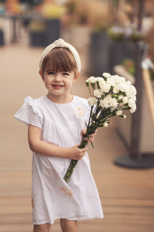 Embroidered Flower Dress - Short Sleeve, white Adee girls dress with peach embroidery.