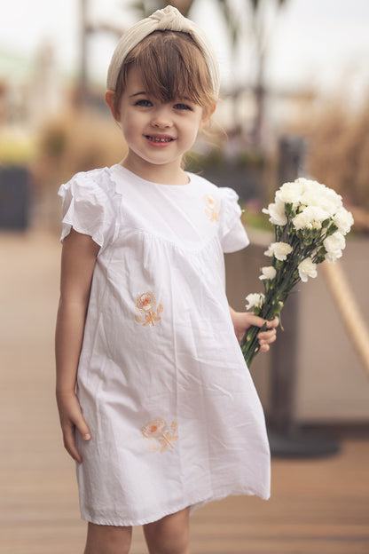 Embroidered Flower Dress - Short Sleeve for girls, white with peach embroidery and puff sleeves