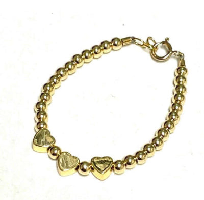 14KT gold heart bracelet with beaded chain and three heart charms, lobster clasp.