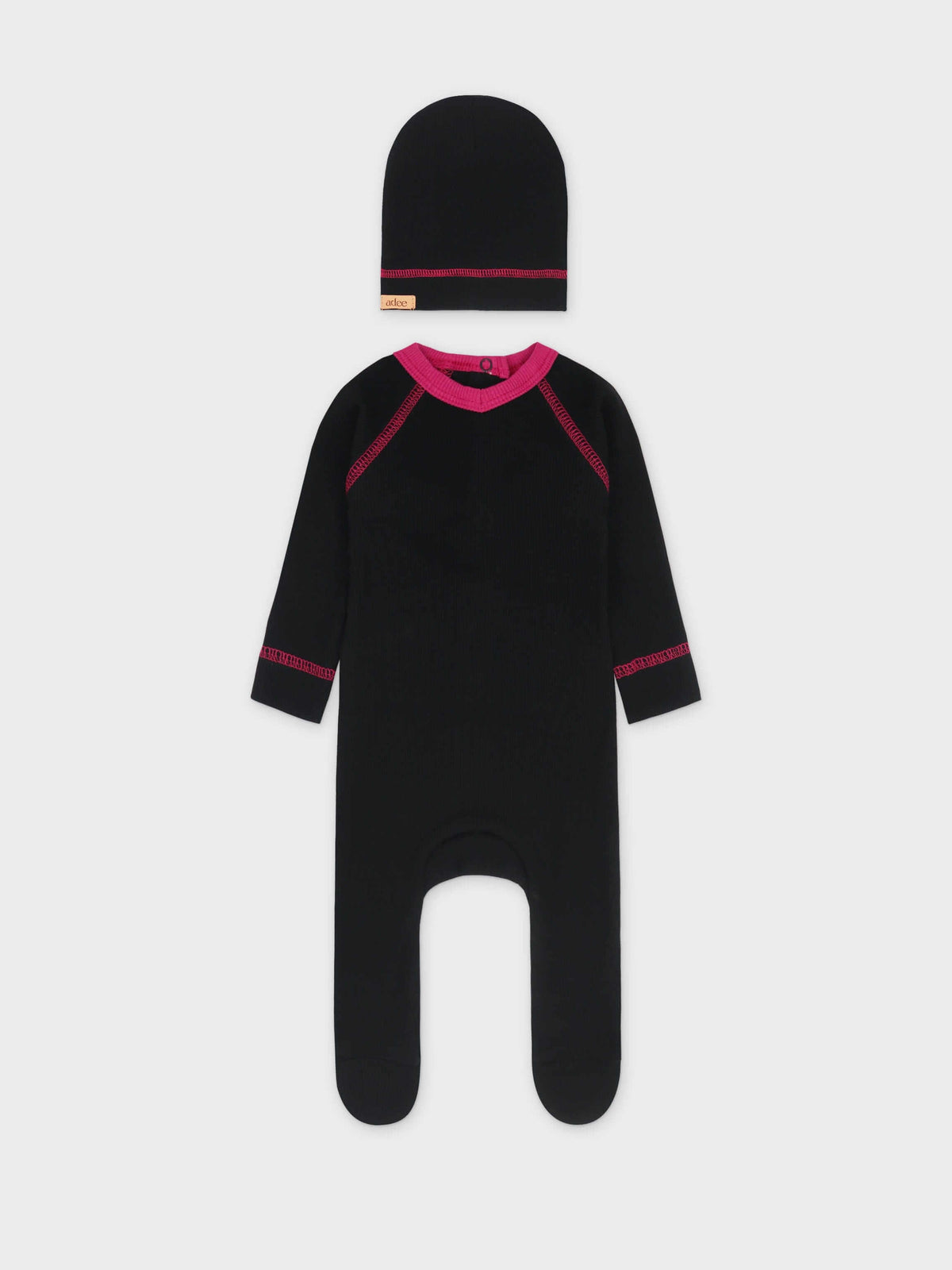 Baby jumpsuit with pink V-neck