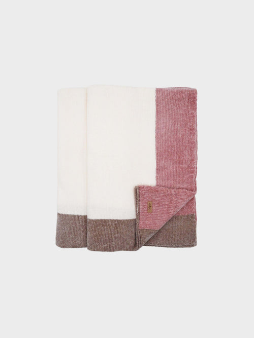 super soft pink crocheted blanket off-white center and brown accents
