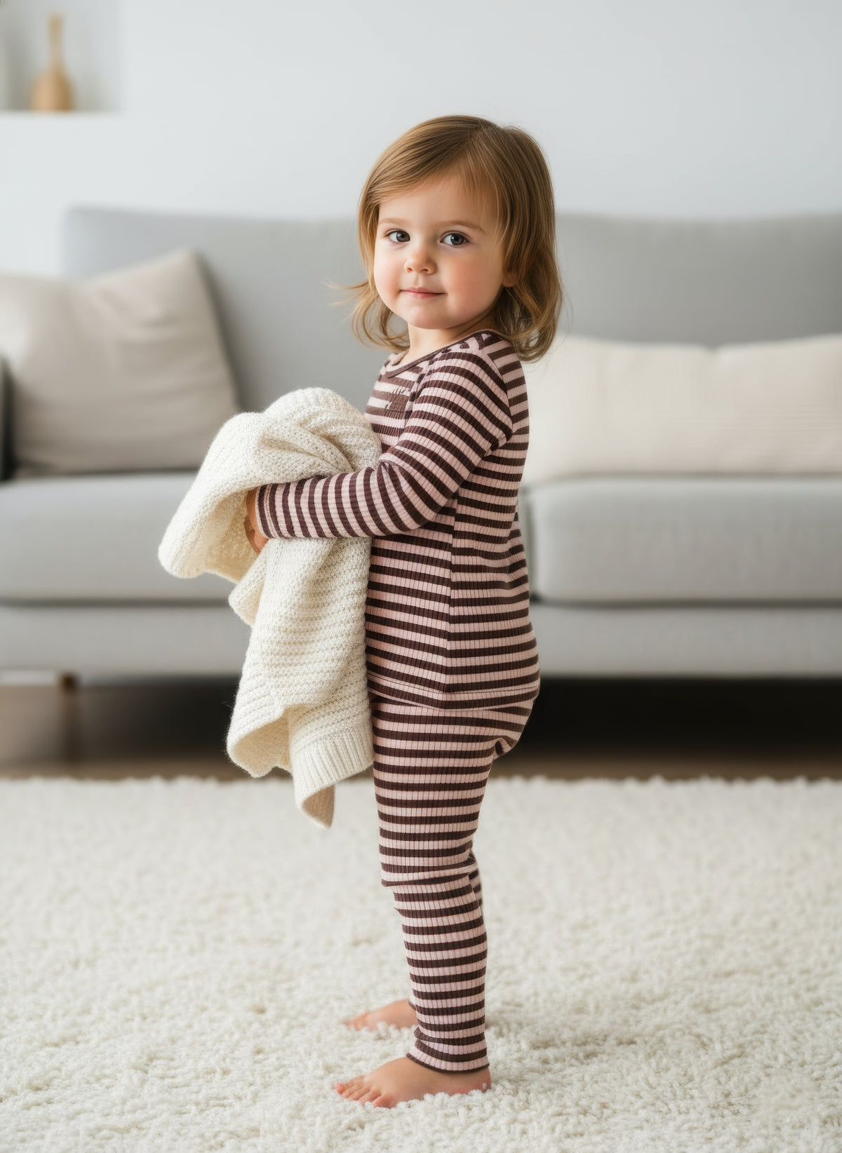 Striped Leggings Set for little girls in brown and pink; girl stands indoors in matching top and pants