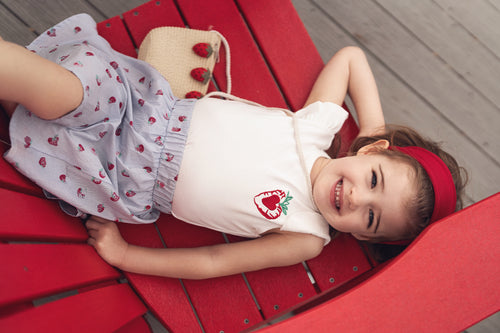 Embroidered Strawberry 3/4 Puff Sleeve T-shirt, white girls’ top with strawberry motif