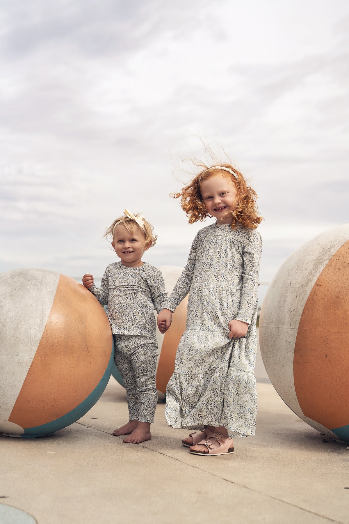 Blue floral robe for girls with 3/4 sleeves; two kids in matching dressy outfits.