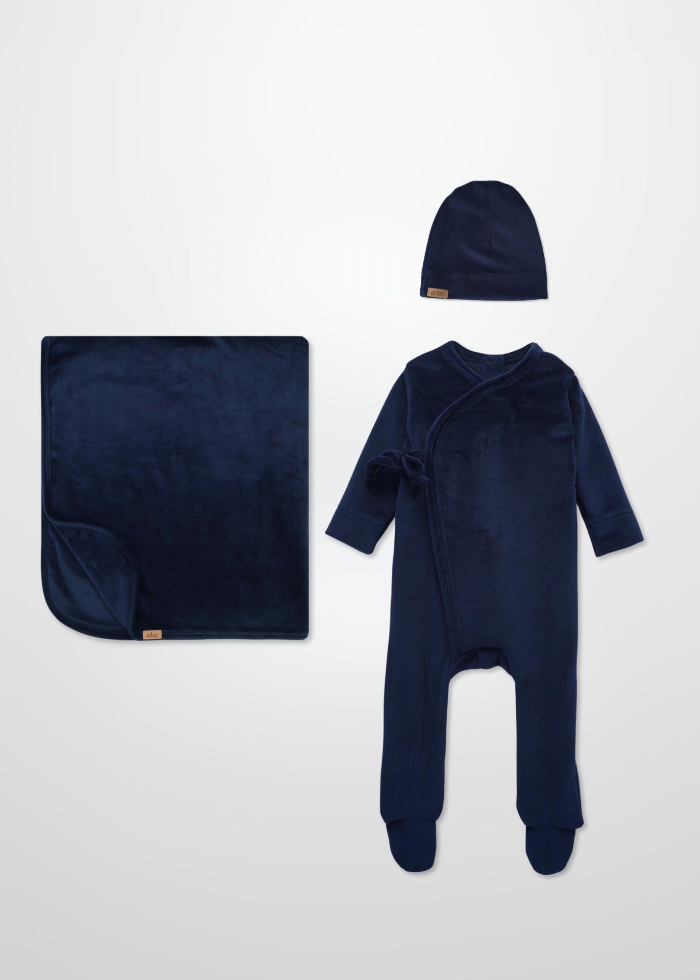 Velour crossover navy layette set for baby boys; 3-piece Adee set with hat, robe and blanket
