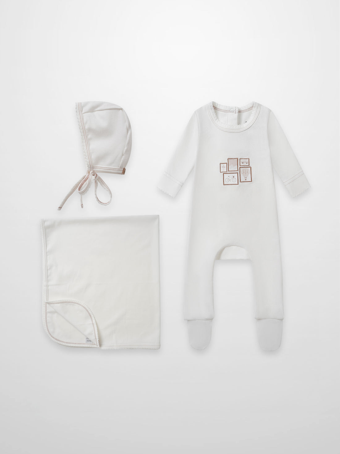 Adee Mini Gallery Pink layette set for girls, 4pc white sleepsuit with pink accents, pink-trim hat, blanket and booties