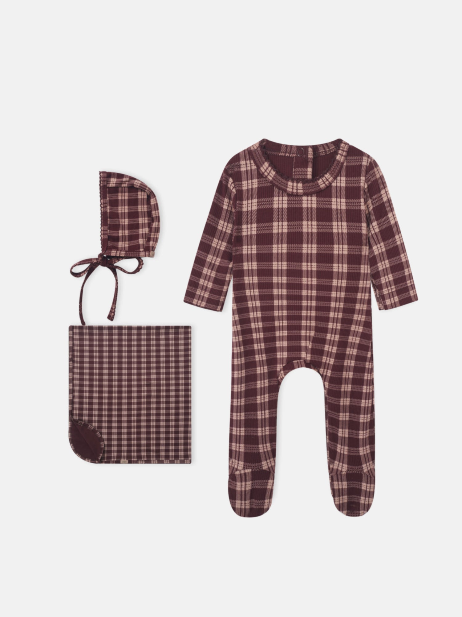 Adee Burgundy Plaid Girls Layette Set, 3-piece with footed romper, hat with ties, and matching blanket.