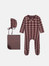 Adee Burgundy Plaid Girls Layette Set, 3-piece with footed romper, hat with ties, and matching blanket.