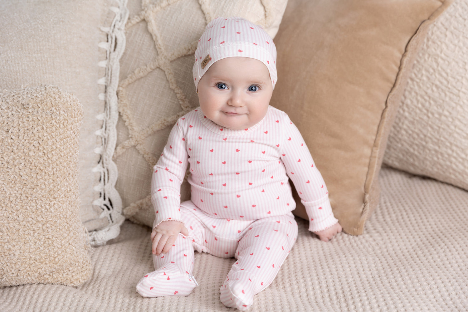 Pink Heart Stretchy with Lace girls stretchies by Adee in light pink and white stripes with tiny hearts