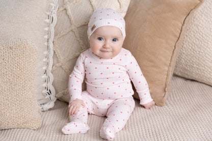 Pink Heart Stretchy with Lace girls stretchies by Adee in light pink and white stripes with tiny hearts