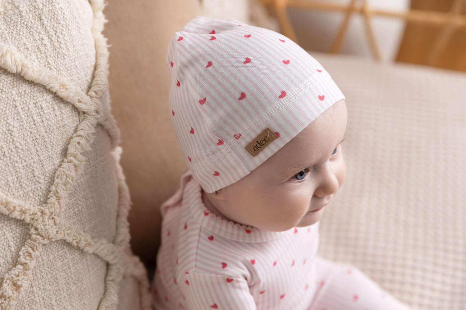 Pink Heart Hat for girls by Adee; pink striped fabric with small red hearts