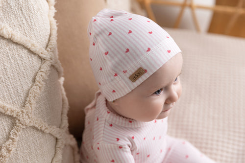 Pink Heart Hat for girls by Adee; pink striped fabric with small red hearts
