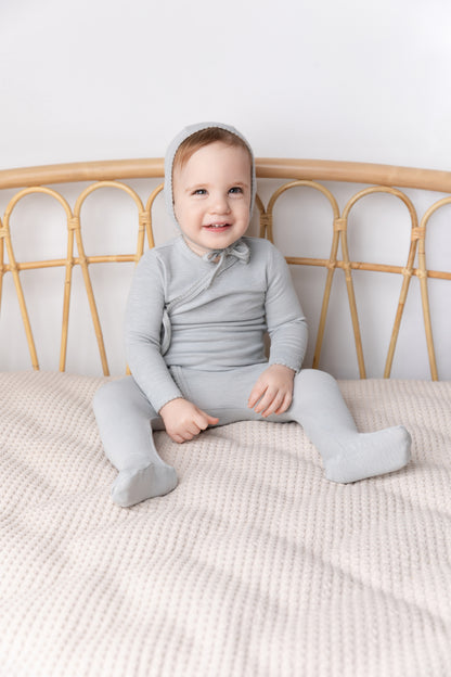 Blue Scalloped Stretchy Boys Stretchies set in light blue knit, with a hooded top and matching pants