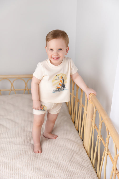 Golden Sail Shorts Set for little boys in cream with sailboat print by Adee