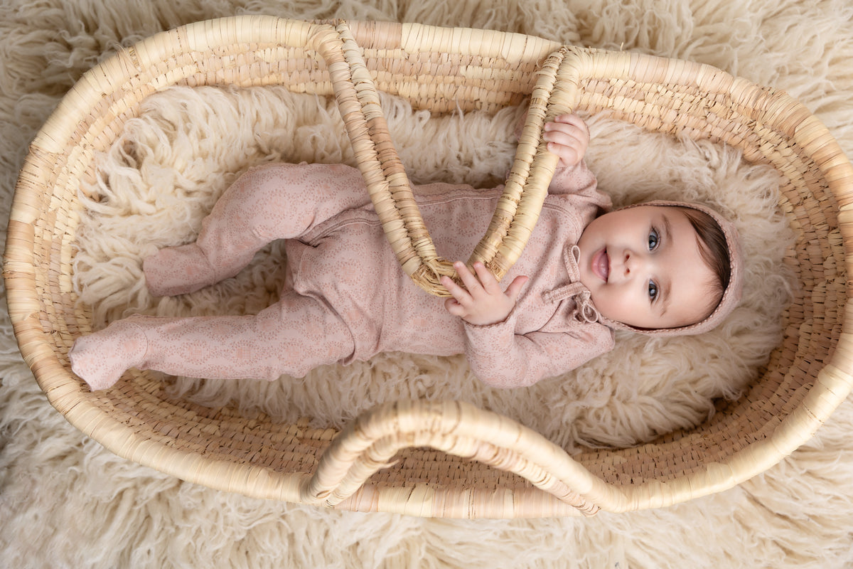 Pink Charm Stretchy, Adee girls stretchies pink knit onesie with trailing vine pattern