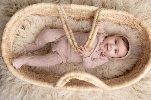 Pink Charm Stretchy, Adee girls stretchies pink knit onesie with trailing vine pattern