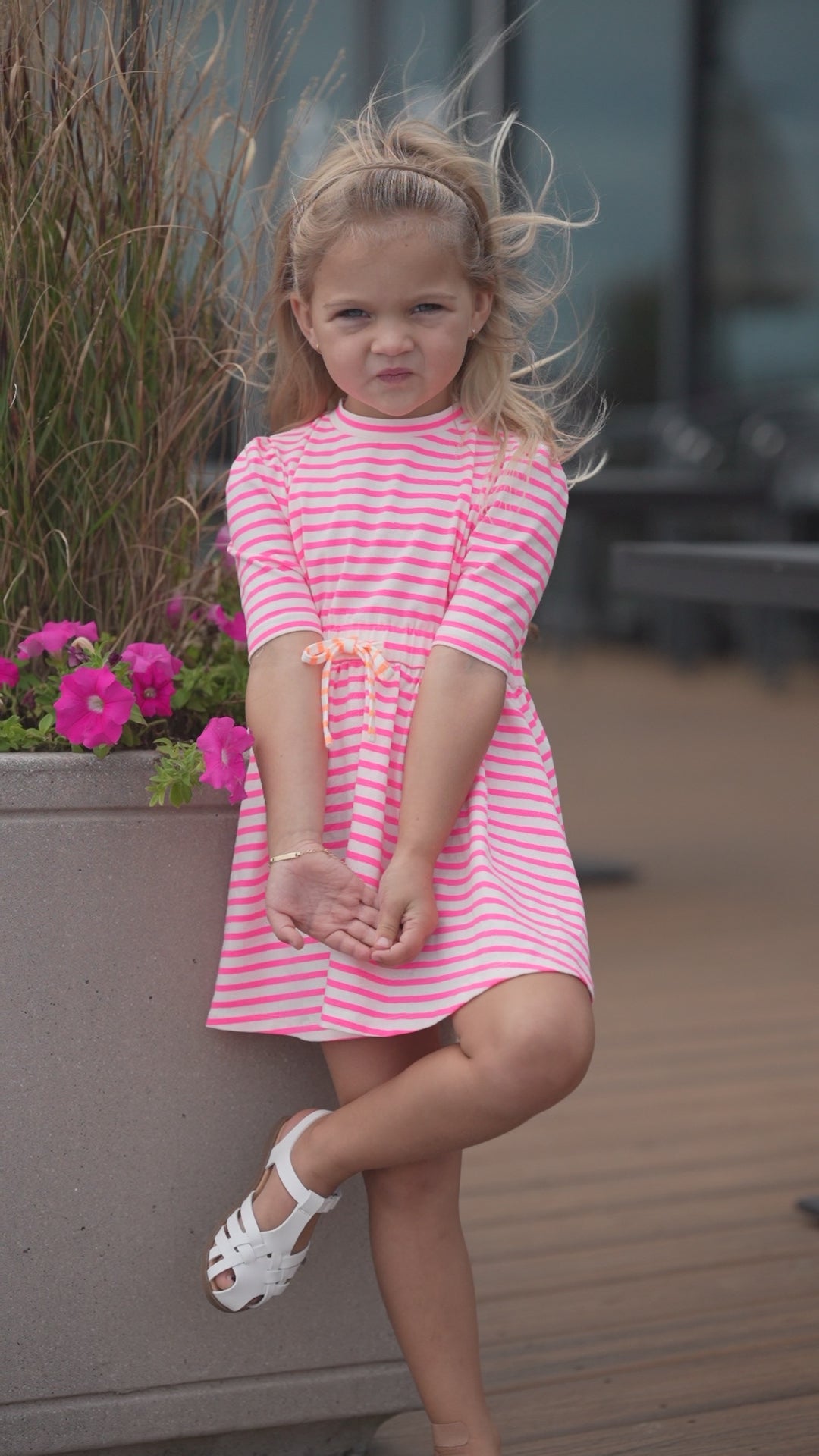 Neon Pink Striped Dress -  3/4 Sleeve