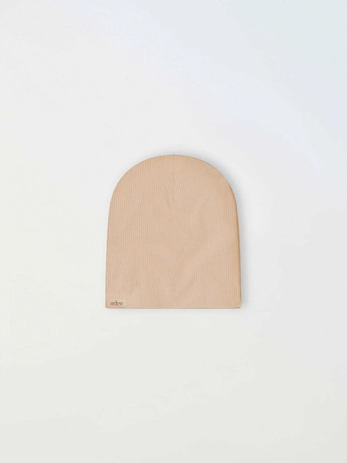 Thin ribbed tan beanie; unisex Adee knit apparel accessory